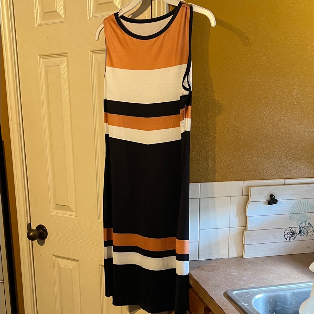 Striped Sleeveless Dress - Black, White, Orange